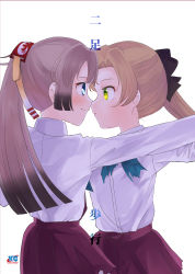 Rule 34 | 2girls, absurdres, akigumo (kancolle), blue bow, blue bowtie, bow, bowtie, brown hair, collared shirt, commentary request, cowboy shot, eye contact, green eyes, gumiko, hair ribbon, highres, kantai collection, kazagumo (kancolle), long hair, looking at another, multiple girls, ponytail, purple skirt, ribbon, shirt, simple background, skirt, torn bowtie, white background, white shirt, yuri