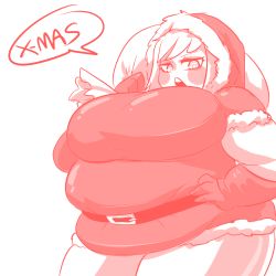 Rule 34 | 1girl, belly, belt, breasts, christmas, fat, gloves, huge breasts, mad8867, open mouth, santa costume, solo, weight gain