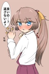 Rule 34 | 1girl, absurdres, blue eyes, brown background, brown dress, brown hair, collared shirt, commentary request, dress, dress shirt, from below, hair ribbon, halter dress, halterneck, highres, jewelry, kantai collection, kazagumo (kancolle), long hair, looking at viewer, ponytail, ribbon, ring, school uniform, shirt, simple background, solo, translation request, tsuru (thunder tsuru), twitter username, upper body, wedding ring, white shirt