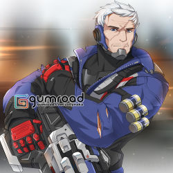 Rule 34 | 1boy, bandolier, battle rifle, facial hair, gloves, gun, jacket, male focus, manly, no mask, old, old man, overwatch, overwatch 1, rifle, scar, silver hair, soldier: 76 (overwatch), sollyz, solo, stubble, watermark, weapon, web address