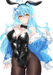 Rule 34 | 1girl, adapted costume, ahoge, animal ears, arm at side, bare shoulders, black bow, black bowtie, black headwear, black leotard, black pantyhose, blue coat, blue hair, bow, bowtie, breasts, cleavage, closed mouth, coat, contrapposto, detached collar, fake animal ears, flower, fur-trimmed coat, fur trim, hair between eyes, hair flower, hair ornament, hand up, heart, heart ahoge, hololive, large breasts, leotard, light blush, long hair, majin (kiidoumajin), off shoulder, official alternate costume, pantyhose, pinching sleeves, playboy bunny, pointy ears, rabbit ears, smile, snowflake print, solo, strapless, strapless leotard, traditional bowtie, virtual youtuber, wing collar, yellow eyes, yukihana lamy