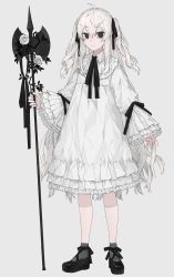 Rule 34 | 1girl, absurdres, ahoge, axe, black eyes, black footwear, black neckwear, black ribbon, closed mouth, contrast, dress, fingernails, flower, frills, grey background, hair between eyes, highres, holding, holding axe, holding weapon, long hair, original, plant, rairyuu, ribbon, rose, simple background, sleeves past wrists, smile, solo, standing, twintails, vines, weapon, white dress, white flower, white rose, white theme