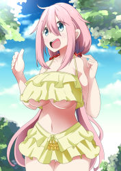 Rule 34 | 10s, 1girl, alternate breast size, bad id, bad pixiv id, blue eyes, blush, breasts, day, frills, kagamihara nadeshiko, large breasts, long hair, naruse mai, navel, open mouth, outdoors, pink hair, sky, smile, solo, standing, tree, underboob, yurucamp