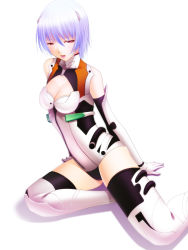 Rule 34 | 1girl, :o, adapted costume, arm support, ayanami rei, bad id, bad pixiv id, bare shoulders, blue hair, breasts, cleavage, cleavage cutout, clothing cutout, covered collarbone, elbow gloves, female focus, from side, full body, gloves, hair between eyes, half-closed eyes, halterneck, headgear, leaning to the side, leotard, lipstick, looking at viewer, makeup, medium breasts, neon genesis evangelion, open mouth, pilot suit, pink eyes, pink lips, plugsuit, red eyes, shadow, shokuyou mogura, short hair, simple background, sitting, solo, spread legs, thighhighs, turtleneck, white background, white gloves, white leotard, white thighhighs, yokozuwari