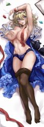 Rule 34 | 1girl, absurdres, alice margatroid, armpits, ascot, ascot removed, bed, blonde hair, blue eyes, blue panties, blush, bra, breasts, capelet, clothes pull, dress, gem, highres, jewelry, kaeranu kaeru, large breasts, navel, open clothes, open dress, open mouth, panties, pantyhose, pantyhose pull, presenting armpit, puppet rings, ring, simple background, solo, touhou, underwear, undone ascot, unworn bra, white background, white capelet, wrist cuffs