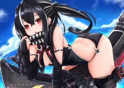 Rule 34 | 1girl, ass, azur lane, backless swimsuit, bandana, black bandana, black gloves, black hair, black one-piece swimsuit, black panties, black thighhighs, blush, breasts, bridal gauntlets, butt crack, cleavage, cloud, day, earrings, elbow gloves, gloves, jewelry, leaning forward, long hair, medium breasts, ocean, one-piece swimsuit, backless swimsuit, open mouth, outdoors, panties, red eyes, ryara, sitting, sky, solo, straddling, swimsuit, thighhighs, twintails, u-47 (azur lane), underwear, unzipped, zipper