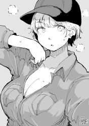 Rule 34 | 1girl, absurdres, baseball cap, breasts, breath, cleavage, dated, greyscale, hadashi no kenji, hat, highres, jacket, looking at viewer, monochrome, original, short hair, solo, sweat, upper body