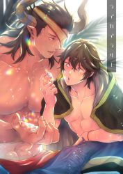 Rule 34 | 2boys, bangle, blanket, blurry, blurry background, bracelet, cain (granblue fantasy), capelet, cow boy, cow horns, crystal, draph, ear piercing, eyepatch, granblue fantasy, horns, jewelry, large pectorals, long hair, looking at another, looking at object, male focus, medium hair, multiple boys, muscular, muscular male, palm tree, pectorals, piercing, pointy ears, prism, rainbow, reinhardtzar, sat-tsu, size difference, straight-on, sweatdrop, topless male, tree