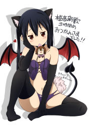 Rule 34 | 1girl, animal ears, bare shoulders, black gloves, black hair, black thighhighs, blush, breasts, brown eyes, brown hair, cat ears, character doll, cleavage, corset, demon girl, demon tail, demon wings, elbow gloves, elbow on knee, gloves, hair between eyes, hand on own cheek, hand on own face, heart, hirasawa yui, jitome, k-on!, long hair, looking at viewer, matching hair/eyes, medium breasts, mouth hold, nakano azusa, navel, o o, official style, panties, purple panties, ragho no erika, shadow, short hair, simple background, sitting, small breasts, solo, tail, text focus, thighhighs, thighs, translation request, twintails, underwear, white background, wings