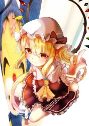 Rule 34 | 1girl, absurdres, ascot, blonde hair, crystal wings, dress, flandre scarlet, frilled dress, frills, from above, full body, hand up, hat, hat ribbon, highres, mister eru, puffy short sleeves, puffy sleeves, red dress, red eyes, red ribbon, ribbon, short sleeves, side ponytail, smile, solo, touhou, white mob cap, yellow ascot