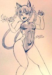 Rule 34 | 1girl, alternate costume, animal ears, bare legs, bow, braid, breasts, cat ears, cat tail, claw pose, commentary request, competition swimsuit, covered navel, d-m (dii emu), dated, extra ears, eyelashes, fang, fingernails, greyscale, hair bow, kaenbyou rin, long fingernails, long hair, looking at viewer, medium breasts, monochrome, multiple tails, nekomata, one-piece swimsuit, open mouth, signature, sketch, standing, swimsuit, tail, touhou, traditional media, twin braids, two tails