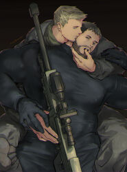Rule 34 | 2boys, alternate facial hair, anti-materiel rifle, bara, black gloves, black hair, black pants, black shirt, brown hair, chris redfield, facial hair, finger in another&#039;s mouth, gloves, goatee, gun, hand on another&#039;s hand, highres, holding, holding gun, holding weapon, kuconoms, large pectorals, male focus, multiple boys, muscular, muscular male, ntw-20, open mouth, pants, pectorals, piers nivans, resident evil, resident evil 6, rifle, shirt, short hair, sniper rifle, twitter username, weapon, yaoi