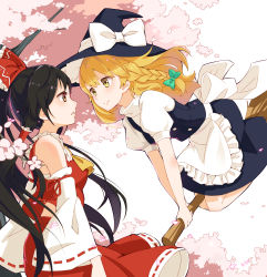 Rule 34 | 1girl, 2girls, absurdres, apron, arm ribbon, ascot, bare shoulders, black dress, black hat, black skirt, black vest, blonde hair, blue sky, bow, braid, broom, broom riding, brown eyes, brown hair, buttons, cherry blossoms, closed mouth, day, detached sleeves, dress, face-to-face, frilled apron, frilled bow, frilled hair tubes, frilled shirt collar, frilled skirt, frills, from side, green bow, hair bow, hair ornament, hair ribbon, hair tubes, hakurei reimu, hat, hat bow, highres, kirisame marisa, long hair, looking at another, multiple girls, outdoors, parted lips, petals, puffy short sleeves, puffy sleeves, red bow, red ribbon, red shirt, red skirt, ribbon, ribbon-trimmed skirt, ribbon-trimmed sleeves, ribbon trim, sarashi, sash, shirt, short sleeves, sidelocks, sideways mouth, single braid, skirt, skirt set, sky, sleeveless, sleeveless shirt, smile, tian tian tian, touhou, tress ribbon, turtleneck, vest, waist apron, white legwear, white shirt, wide sleeves, witch, witch hat, yellow ascot, yellow eyes