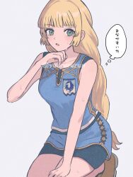 1girl bare_arms bare_shoulders blonde_hair blue_shirt blunt_bangs braid braided_ponytail fire_emblem fire_emblem:_three_houses green_eyes highres ingrid_brandl_galatea kneeling long_hair looking_at_viewer nintendo shirt shorts simple_background sleeveless sleeveless_shirt solo sweat twitter_username very_long_hair wiping_sweat yuurururun