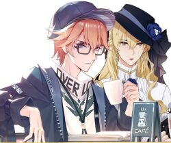 Rule 34 | 2boys, cafe, crossdressing, cup, earrings, glasses, holding, holding cup, jewelry, kamui (punishing: gray raven), lappland, lee: palefire (ivy) (punishing: gray raven), lee (punishing: gray raven), looking at viewer, multiple boys, official alternate costume, punishing: gray raven, sitting, white background