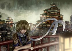 Rule 34 | 1girl, absurdres, against railing, architecture, blonde hair, blurry, bridge, building, cityscape, crossed arms, depth of field, east asian architecture, green eyes, highres, mizuhashi parsee, pointy ears, railing, sakkun2014, scarf, short hair, short sleeves, solo, touhou, upper body, wind