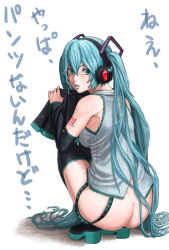 Rule 34 | 1girl, aqua eyes, aqua hair, ass, boots, bottomless, detached sleeves, full body, hatsune miku, headphones, long hair, looking back, solo, spraywork, squatting, thigh boots, thighhighs, twintails, very long hair, vocaloid, white background