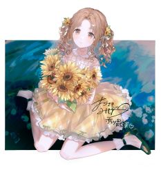 Rule 34 | 1girl, bare legs, black footwear, brown eyes, brown hair, chinese commentary, collarbone, collared shirt, commentary, curly hair, eyebrows hidden by hair, flower, hair flower, hair ornament, highres, holding, ichikawa hinana, idolmaster, idolmaster shiny colors, jewelry, kkuang, layered skirt, legs, light blush, long skirt, looking at viewer, medium hair, necklace, parted bangs, parted lips, plaid, plaid shirt, ringlets, shirt, signature, sitting, skirt, solo, sunflower, two side up, wariza, yellow skirt