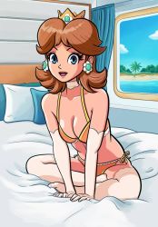 Rule 34 | 1girl, beach, bed, bra, breasts, brown hair, cleavage, crown, earrings, flower earrings, full body, gloves, jewelry, jf illustration, lingerie, mario (series), nintendo, open mouth, palm tree, pillow, princess daisy, shiny skin, smile, solo, super mario land, tree, underwear, window