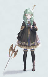 Rule 34 | 1girl, 21 (nijuichinichi), boots, clenched hand, closed mouth, fire emblem, fire emblem: three houses, flayn (fire emblem), full body, garreg mach monastery uniform, green eyes, green hair, grey background, hair ornament, hairclip, highres, holding, holding weapon, lance, looking at viewer, nintendo, polearm, solo, thigh boots, thighhighs, weapon