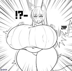 Rule 34 | !?, 1girl, alphaerasure, animal ears, artist name, beam, belly, blush, borrowed character, breast expansion, breasts, covered erect nipples, cowboy shot, female focus, fox ears, fox girl, fox tail, futon7979, gigantic breasts, hair between eyes, highres, long hair, looking at breasts, midriff, monochrome, motion lines, open mouth, plump, solo, standing, surprised, sweater, tail, taut sweater, thick thighs, thighs, turtleneck, turtleneck sweater, white background, wide hips, yuzuno (futon)