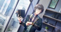 Rule 34 | 1boy, book, buttons, closed eyes, fingernails, glasses, highres, holding, holding book, idolmaster, idolmaster side-m, idolmaster side-m growing stars, male focus, mole, mole under mouth, necktie, official art, parted lips, shinonome soichiro, watch, window