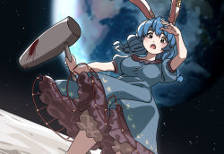 Rule 34 | 1girl, :o, ambiguous red liquid, animal ears, bloomers, blue hair, braid, breasts, dress, earclip, earth (planet), frilled dress, frills, highres, kine, large breasts, long hair, looking at viewer, mallet, moon, moon rabbit, open mouth, planet, rabbit ears, rabbit girl, red eyes, seiran (touhou), sky, solo, space, star (sky), star (symbol), star print, starry sky, touhou, touhou lost branch of legend, tuck (tuck23978434), twin braids, underwear