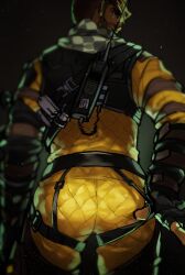 Rule 34 | 1boy, apex legends, ass, ass focus, bara, beard, belt pull, crack of light, crotchless, crotchless pants, dark-skinned male, dark skin, eyebrow cut, facial hair, feet out of frame, from behind, gloves, hair slicked back, highres, karipaku, leg belt, looking at viewer, looking back, male focus, mature male, mirage (apex legends), muscular, muscular male, pants, pulled by self, scarf, seductive smile, smile, solo, thick eyebrows, yellow pants