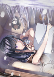 Rule 34 | 1girl, bare shoulders, barefoot, blush, brown eyes, cat, glass writing, icicle, long hair, looking at viewer, looking outside, looking up, original, sitting, smile, snow, solo, unowen, window