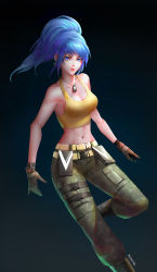 Rule 34 | 1girl, abs, absurdres, belt, blue eyes, blue hair, boots, breasts, cargo pants, cleavage, combat boots, crop top, dog tags, earrings, eyelashes, gloves, highres, jewelry, leona heidern, lips, looking at viewer, medium breasts, midriff, navel, no bra, oroo, pants, ponytail, shirt, sideboob, sleeveless, solo, standing, tank top, the king of fighters, toned, triangle earrings, yellow shirt