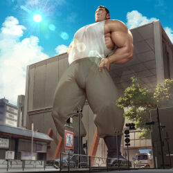 Rule 34 | &gt; o, 1boy, abs, ai-assisted, bald spot, bara, bare arms, blue sky, building, car, chijimetaro, cloud, cloudy sky, construction, cross scar, eyebrow cut, facial hair, giant, giant male, godaigo daigo, godaigo daigo (character), grin, highres, house, large pectorals, long sideburns, male focus, mature male, motor vehicle, muscular, muscular male, nipples, obliques, one eye closed, pectorals, road, scar, short hair, sideburns, sidepec, sky, smile, solo, standing, stomach, street, stretching, stubble, sunlight, sweat, tank top, thick eyebrows, thick thighs, thighs, tree, white tank top