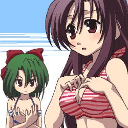 Rule 34 | 00s, 2girls, awa, bikini, blush, bow, breast envy, breast hold, breast suppress, breasts, cleavage, covering breasts, covering privates, crossed arms, flat chest, green hair, hair between eyes, hair bow, jaggy lines, katsura kotonoha, kiyoura setsuna, long hair, lowres, multiple girls, oekaki, open mouth, purple hair, red bow, red eyes, school days, short hair, small breasts, striped bikini, striped clothes, swimsuit