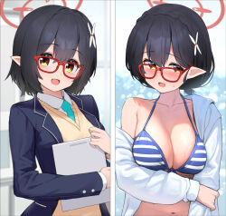 Rule 34 | 1girl, aqua necktie, ayane (blue archive), ayane (swimsuit) (blue archive), bikini, black hair, black jacket, blazer, blue archive, blue bikini, blush, braid, breasts, cardigan, cleavage, collarbone, collared shirt, commentary request, crown braid, glasses, hair between eyes, halo, holding, holding tablet pc, jacket, large breasts, long sleeves, looking at viewer, multiple views, navel, necktie, official alternate costume, open mouth, pointy ears, red-framed eyewear, school uniform, shirt, short hair, single bare shoulder, smile, striped bikini, striped clothes, swimsuit, tablet pc, tareme, upper body, ushimittsu, white shirt, yellow cardigan, yellow eyes