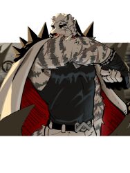 Rule 34 | 1boy, animal ears, arknights, armpit hair, armpit hair peek, bara, black tank top, blood, dingding art, feet out of frame, furry, furry male, highres, large hands, large pectorals, looking at viewer, male focus, mountain (arknights), muscular, muscular male, nosebleed, pectorals, scar, scar across eye, short hair, solo, standing, tank top, thick eyebrows, tiger boy, tiger ears, white fur, white hair, wiping blood