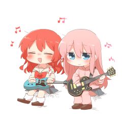 Rule 34 | 2girls, :d, beamed eighth notes, blue eyes, blush, bocchi the rock!, bow, brown footwear, chibi, closed eyes, closed mouth, eighth note, electric guitar, gotoh hitori, grey skirt, guitar, holding, holding instrument, instrument, jacket, kita ikuyo, long hair, long sleeves, multiple girls, musical note, one side up, open mouth, pants, pants under skirt, pink hair, pink jacket, pink pants, pleated skirt, rebecca (keinelove), red bow, red hair, sailor collar, school uniform, serafuku, shirt, shoes, simple background, sitting, skirt, smile, socks, track jacket, track pants, track suit, very long hair, white background, white sailor collar, white shirt, white socks