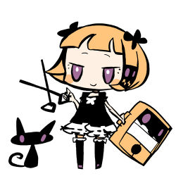 Rule 34 | 1girl, animal, black bow, black cat, black choker, black dress, blonde hair, bloomers, blunt bangs, blush stickers, bob cut, bow, bright pupils, cat, chibi, choker, closed mouth, dress, dress bow, frilled sleeves, frilled thighhighs, frills, full body, guillotine girl (yukihi), hair bow, hair ornament, hand up, holding, holding scissors, holding suitcase, jitome, legs apart, limited palette, looking at viewer, lowres, no nose, original, puffy short sleeves, puffy sleeves, purple eyes, purple footwear, ribbon trim, scissors, short bangs, short dress, short hair, short sleeves, simple background, smile, solo, standing, suitcase, thighhighs, underwear, white background, white bloomers, white bow, white pupils, yukihi