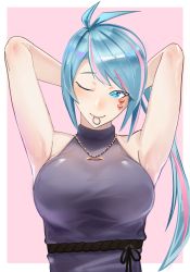 Rule 34 | 1girl, absurdres, anobaith, armpits, arms behind head, azura cecillia, blue eyes, blue hair, blush, border, breasts, dress, grey dress, hair tie in mouth, halter dress, halterneck, highres, jewelry, looking to the side, medium breasts, mouth hold, multicolored hair, necklace, nijisanji, nijisanji id, one eye closed, pink background, pink hair, ponytail, smile, solo, streaked hair, tying hair, upper body, virtual youtuber, white border