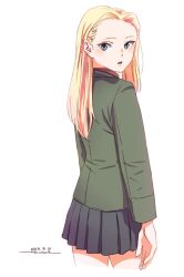 Rule 34 | 1girl, arms at sides, blonde hair, blue eyes, blush, character request, cowboy shot, dated, from behind, girls und panzer, green jacket, grey skirt, highres, horikou, jacket, long hair, long sleeves, looking at viewer, looking back, one-hour drawing challenge, parted lips, pleated skirt, signature, simple background, skirt, solo, standing, white background