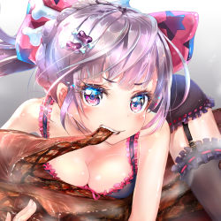 Rule 34 | 1girl, black thighhighs, blue eyes, blush, bone, boned meat, bow, braid, breast press, breasts, camisole, chewing, cleavage, close-up, collarbone, dress, floating hair, food, food-themed hair ornament, food in mouth, french braid, frilled dress, frilled thighhighs, frills, garter belt, garter straps, hair bow, hair ornament, highres, keepout, large breasts, legs apart, looking at viewer, meat, multicolored hair, original, pink bow, pink eyes, ponytail, purple hair, shiny skin, silver hair, solo, soramu, star (symbol), star print, steak, steam, straddling, teeth, thighhighs