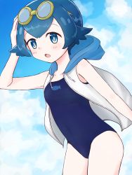 Rule 34 | 1girl, absurdres, blue eyes, blue hair, blue one-piece swimsuit, blue sky, bright pupils, casual one-piece swimsuit, cloud, collarbone, cowboy shot, creatures (company), day, eyebrows hidden by hair, flat chest, freckles, game freak, goggles, goggles on head, hair between eyes, hairband, highres, hood, hooded jacket, jacket, lana (pokemon), nintendo, no sclera, one-piece swimsuit, open mouth, outdoors, pokemon, pokemon sm, short hair, sky, sleeveless, sleeveless jacket, smile, solo, swimsuit, swimsuit under clothes, taketiyo200, white jacket, white pupils, yellow hairband