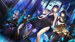 Rule 34 | 5girls, :q, alcohol, anti-rain (girls&#039; frontline), bahao diqiu, bare shoulders, black dress, black eyes, black gloves, black hair, black legwear, blue eyes, blurry, blurry background, bottle, breasts, brown eyes, brown hair, bug, butterfly, champagne flute, criss-cross halter, cup, depth of field, detached collar, dress, drinking glass, dutch angle, eyepatch, girls&#039; frontline, glint, gloves, green hair, gun, halterneck, heterochromia, high heels, highres, insect, large breasts, long hair, low-tied long hair, m16a1 (blazer of the trail) (girls&#039; frontline), m16a1 (girls&#039; frontline), m4 sopmod ii (devourer of the feast) (girls&#039; frontline), m4 sopmod ii (girls&#039; frontline), m4a1 (girls&#039; frontline), m4a1 (suspender of time) (girls&#039; frontline), medium breasts, multicolored hair, multiple girls, night, official alternate costume, official art, pantyhose, parted lips, pink hair, pink legwear, ponytail, ro635 (enforcer of the law) (girls&#039; frontline), ro635 (girls&#039; frontline), side slit, sidelocks, small breasts, source request, st ar-15 (girls&#039; frontline), st ar-15 (prisoner of the dream) (girls&#039; frontline), strapless, strapless dress, streaked hair, thighlet, tongue, tongue out, weapon, wine, wine bottle, wine glass