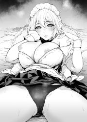 Rule 34 | 1girl, absurdres, black panties, braid, breasts, breasts out, clothes lift, greyscale, highres, izayoi sakuya, large breasts, maid headdress, mayonaka taruho, monochrome, nipples, open clothes, panties, pillow, shirt, silver hair, skirt, skirt lift, solo, thick thighs, thighs, touhou, twin braids, underwear, white shirt, wrist cuffs