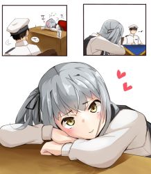 Rule 34 | 10s, 1boy, 1girl, admiral (kancolle), comic, commentary request, dress, grey hair, hat, heart, kantai collection, kasumi (kancolle), long hair, long sleeves, looking at viewer, lovestruck, military, military hat, military uniform, negahami, pinafore dress, remodel (kantai collection), school uniform, side ponytail, sitting, sleeveless dress, translation request, uniform, yellow eyes