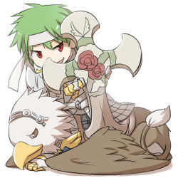 Rule 34 | 1boy, armor, breastplate, chainmail, chibi, commentary request, cross, faulds, floral print, full body, gauntlets, green hair, griffin, gryphon (ragnarok online), headband, holding, holding cross, large cross, leg armor, looking at viewer, natsuya (kuttuki), open mouth, pauldrons, ragnarok online, red eyes, riding, rose print, royal guard (ragnarok online), shield, short hair, shoulder armor, simple background, smile, white background, white headband