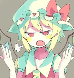 Rule 34 | 1girl, puff of air, baron (x5qgeh), blonde hair, bow, collarbone, fang, flandre scarlet, hat, hat bow, looking at viewer, mob cap, open mouth, red eyes, ringed eyes, shirt, short hair, short sleeves, solo, touhou, wings