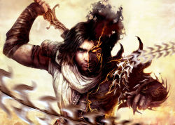 Rule 34 | 1boy, belt, dark persona, fighting stance, glowing, glowing eyes, knife, male focus, prince (sands of time), prince of persia, sand, scarf, solo, ubisoft, weapon