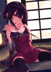 Rule 34 | 1girl, ahoge, bad id, bad pixiv id, bare shoulders, black hair, black thighhighs, bow, breasts, cleavage, clothes pull, collarbone, commentary request, door, dress, dress pull, feet out of frame, hair between eyes, hair ribbon, indoors, japanese clothes, kamizaki hibana, medium breasts, no nose, original, red bow, red ribbon, ribbon, short hair, short hair with long locks, solo, thighhighs, wide sleeves, yellow eyes