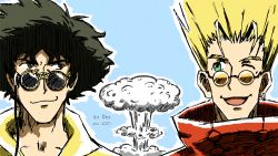 Rule 34 | 2boys, cowboy bebop, crossover, d2071, explosion, green eyes, looking at another, multiple boys, one eye closed, spike spiegel, tagme, trigun, vash the stampede