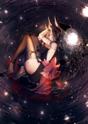 Rule 34 | 1girl, absurdres, afloat, bare shoulders, big hair, black dress, black eyes, black footwear, black hair, black thighhighs, bow, breasts, closed mouth, dress, eyelashes, fetal position, flat chest, from above, full body, highres, horns, light particles, long hair, lying, night, night sky, on side, pelvic curtain, pixiv fantasia, pixiv fantasia t, profile, red bow, reflection, ripples, sa&#039;yuki, sad, sash, shoe soles, shoes, sideboob, sky, sleeveless, solo, star (sky), starry sky, thighhighs, very long hair, water, water surface, wavy hair