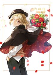 Rule 34 | 1boy, black cloak, black hat, black pants, blonde hair, bouquet, brown sweater vest, bungou to alchemist, camellia, cloak, commentary, cowboy shot, dated, falling petals, flower, framed, from behind, hand in pocket, hat, highres, holding, holding bouquet, long sleeves, looking at viewer, looking back, male focus, myagarin, nakahara chuuya (bungou to alchemist), pants, parted bangs, petals, porkpie hat, red eyes, red flower, sanpaku, shirt, short hair, solo, sweater vest, symbol-only commentary, tilted headwear, two-sided cloak, two-sided fabric, untucked shirt, white background, white shirt